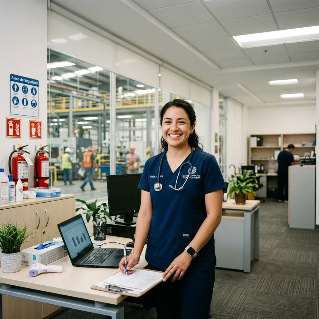 Industrial nurse at clinic desk